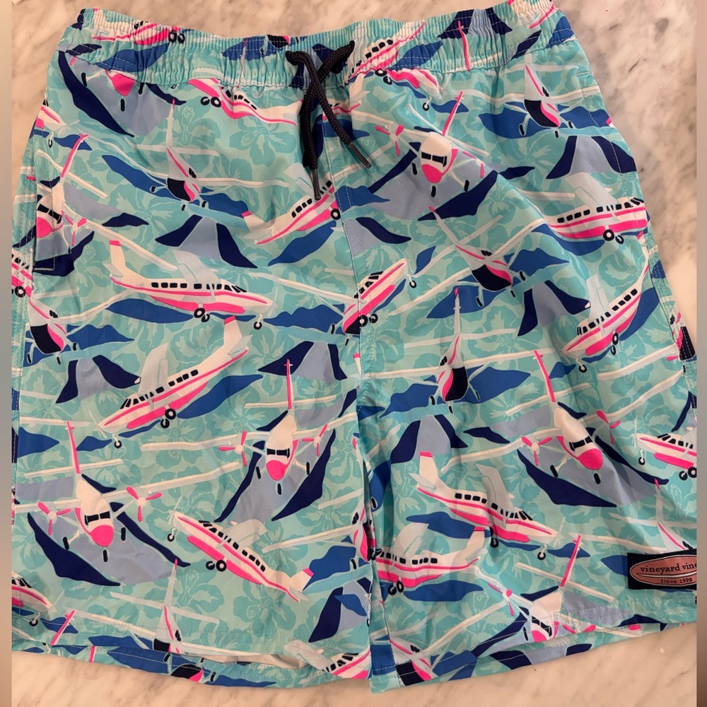 Vineyard Vines boys Blue and Pink Swim Trunks with Plane Print